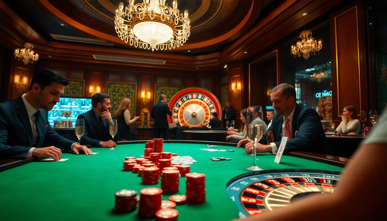 Engage in the thrill of 98win at a luxurious casino poker table with players in action.
