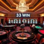 Gamblers enjoying exciting games at the luxurious 33WIN casino, featuring roulette, poker, and blackjack tables.