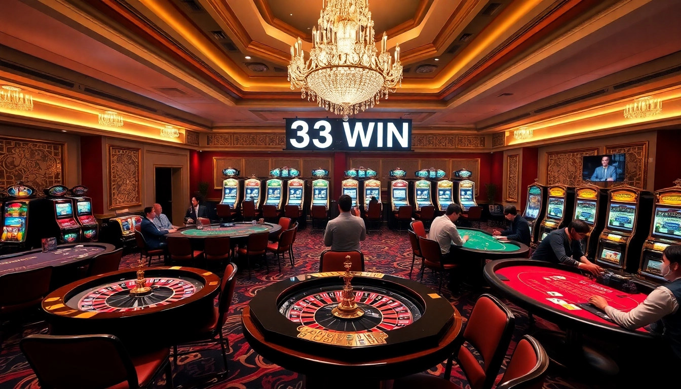 Gamblers enjoying exciting games at the luxurious 33WIN casino, featuring roulette, poker, and blackjack tables.
