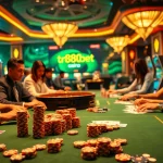 Engage with the tr88 bet platform amidst a lively casino backdrop showcasing players at poker and roulette tables.