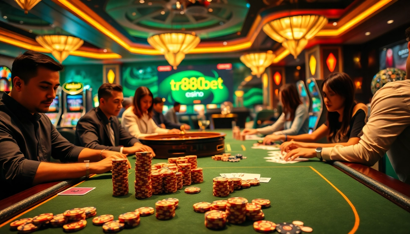 Engage with the tr88 bet platform amidst a lively casino backdrop showcasing players at poker and roulette tables.