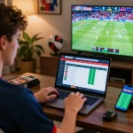 SBOBET sports betting enthusiast engaged in live betting from home, showcasing strategy and excitement.