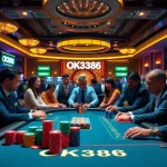 Players enjoying a vibrant poker game at OK8386 live casino, surrounded by excitement and luxury.