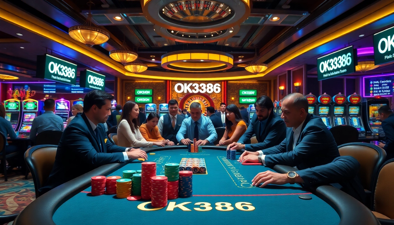 Players enjoying a vibrant poker game at OK8386 live casino, surrounded by excitement and luxury.