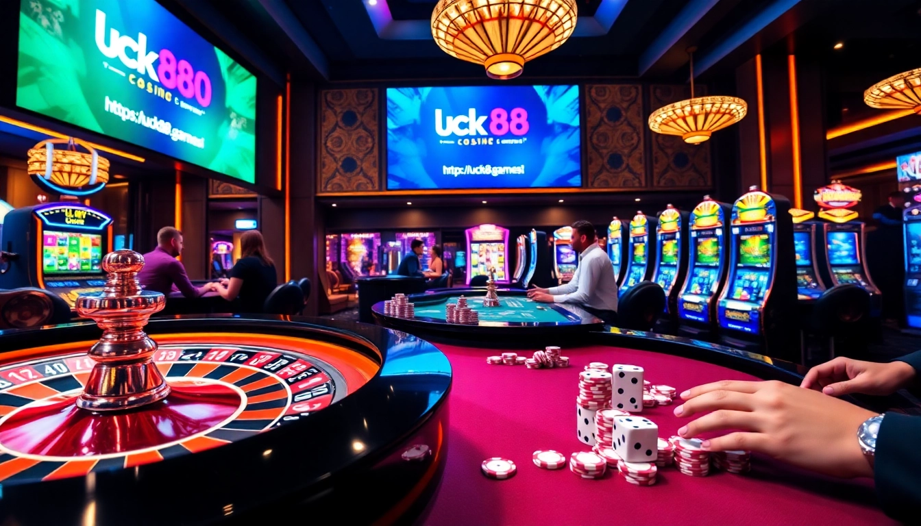 Exciting gameplay at https://luck88.games/ with engaging roulette table, poker chips, and vibrant slot machines.
