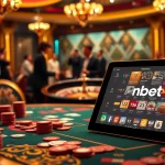 Experience nbet's thrilling gaming environment with poker chips and an elegant casino setup.