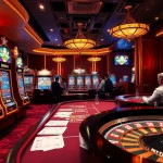 A vibrant casino scene showcasing the excitement of gaming at 789p with lively slot machines and a poker table