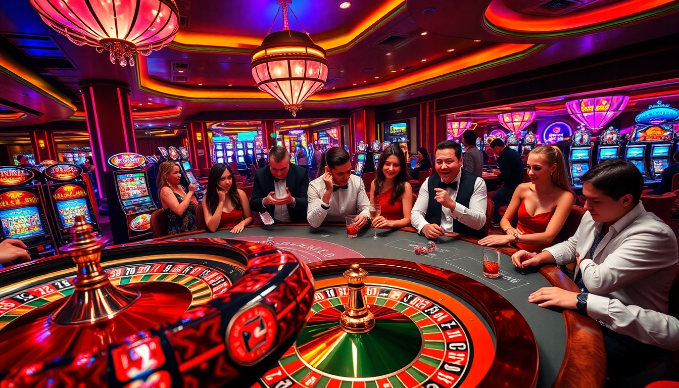 Players enjoy an exciting game at HZ88 casino, showcasing vibrant tables and roulette excitement.