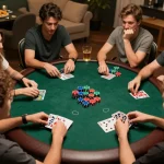 DA88 players engaging in a home poker game with chips and cards laid out, creating a vibrant gaming atmosphere.