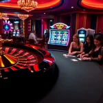 Nohu90 players engaging in intense poker actions at a luxurious casino.