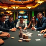 Thrilled players betting on poker at 789club, showcasing a vibrant casino atmosphere with chips and cards.