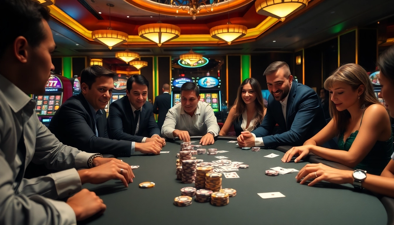 Thrilled players betting on poker at 789club, showcasing a vibrant casino atmosphere with chips and cards.