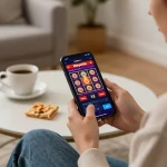 Engaging with the Haywin casino app on a smartphone, showcasing responsible gaming in a cozy home.