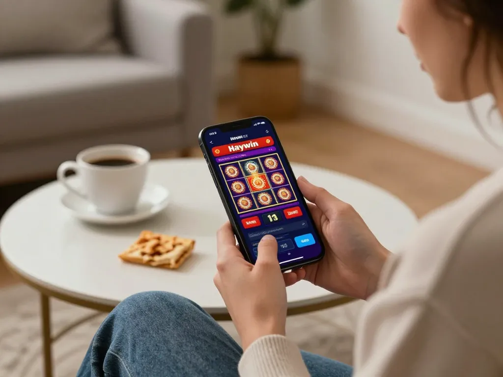 Engaging with the Haywin casino app on a smartphone, showcasing responsible gaming in a cozy home.