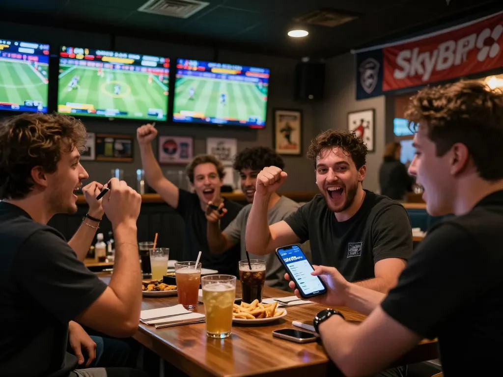 Fans engaging in sports betting using the Sky88live app at a lively sports bar