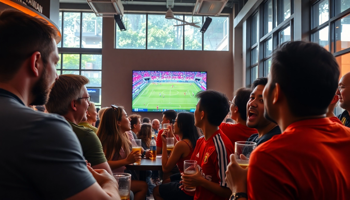 Xem bóng đá hôm nay in an exciting sports bar atmosphere with fans watching a live soccer match.