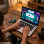 Player experiencing exciting online poker gameplay with LV88 interface on laptop in stylish home setting.