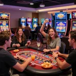 Players celebrating their winnings and enjoying the zumo spin bonus at Zumospin Casino's lively gaming floor.