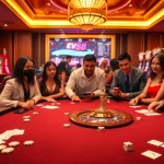 Players enjoying EV88 casino games at a vibrant and luxurious gaming table.
