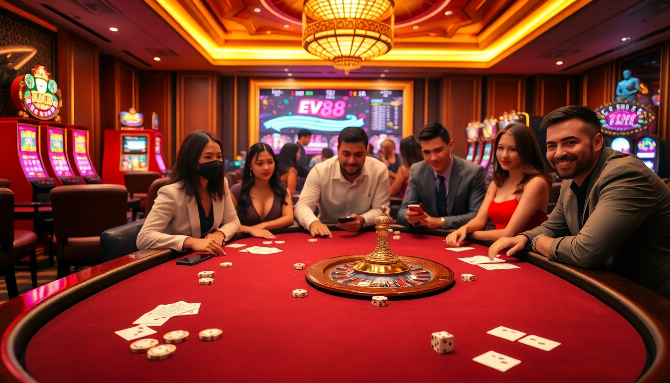 Players enjoying EV88 casino games at a vibrant and luxurious gaming table.