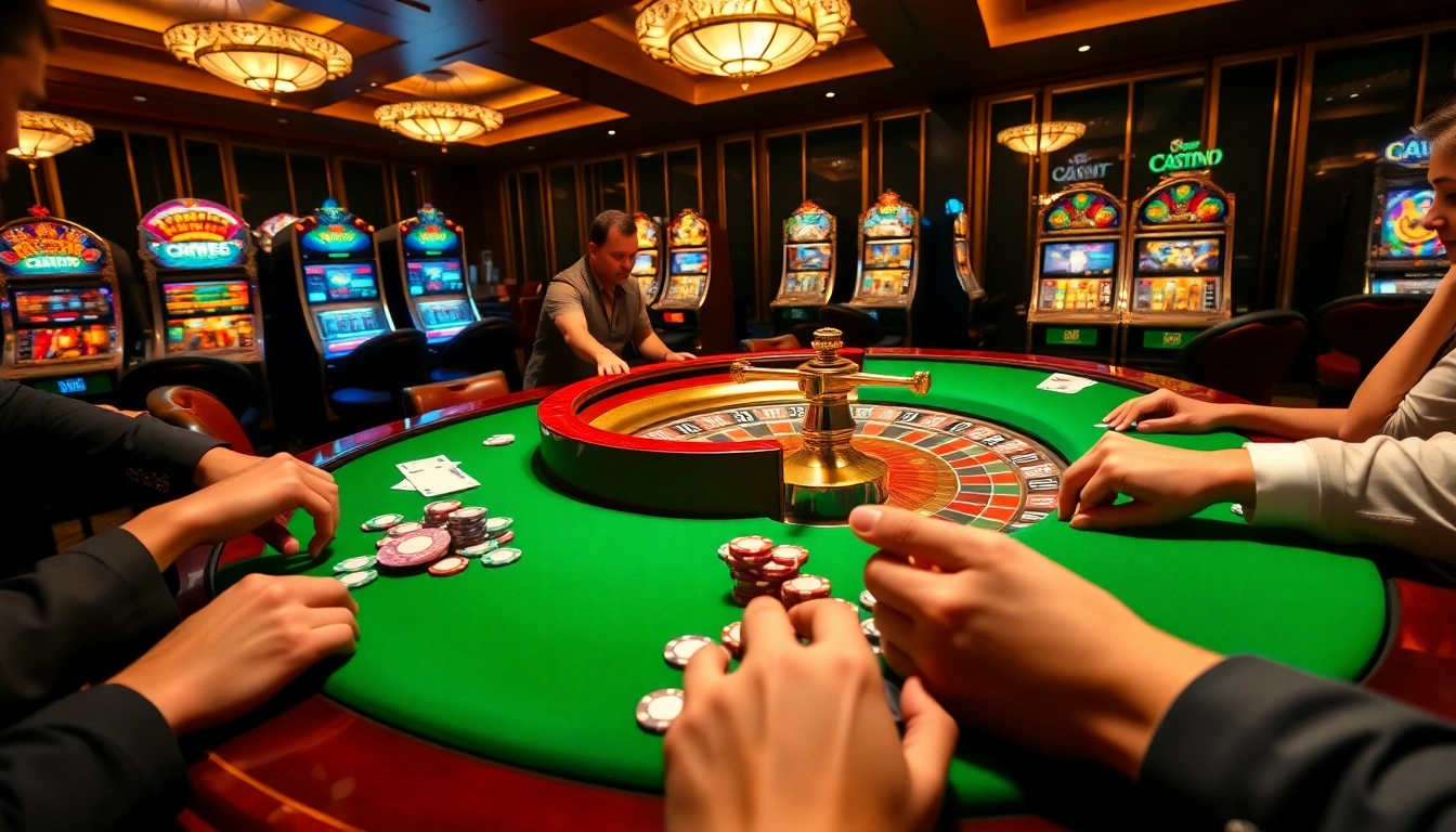 77win casino scene with roulette table and vibrant players enjoying gaming excitement.