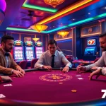 Exciting gaming scene at 77BET with poker players engaged and vibrant slot machines in view.