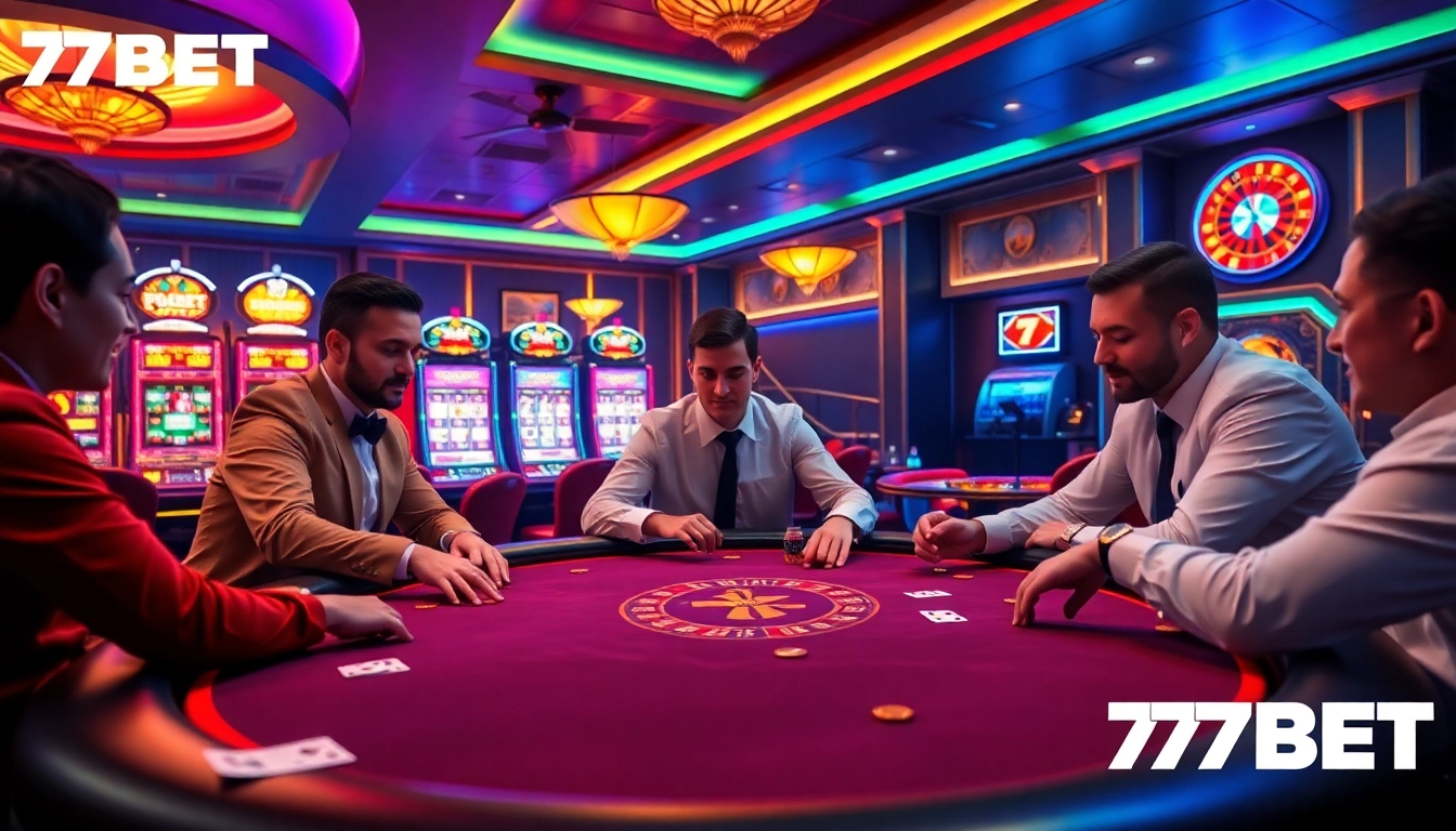 Exciting gaming scene at 77BET with poker players engaged and vibrant slot machines in view.