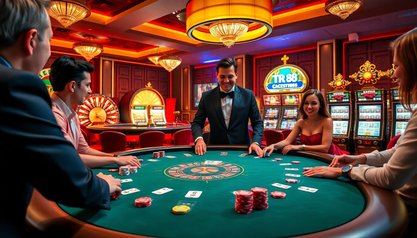 Experience the excitement of TR88 with vibrant poker tables and glowing slot machines.