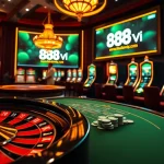 A thrilling online casino experience at https://888vi.com.co/ with poker chips, roulette wheel, and vibrant gaming tables.