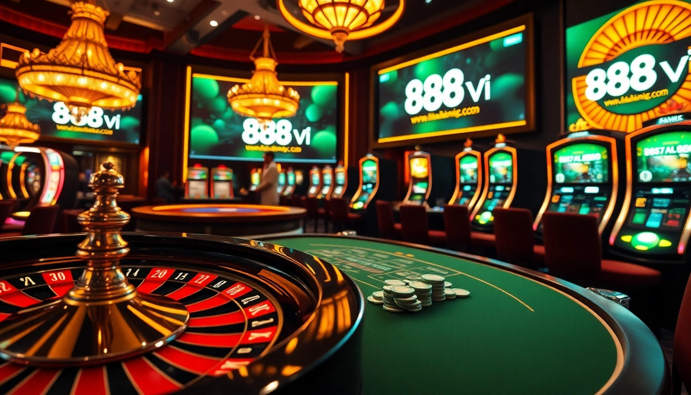 A thrilling online casino experience at https://888vi.com.co/ with poker chips, roulette wheel, and vibrant gaming tables.