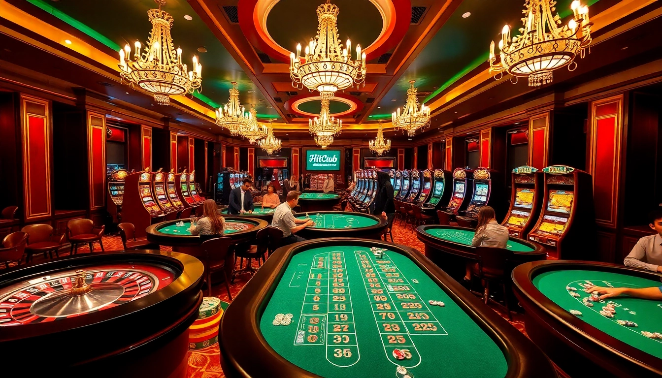 HitClub players engaging in high-stakes action around luxurious poker tables and roulette wheels.