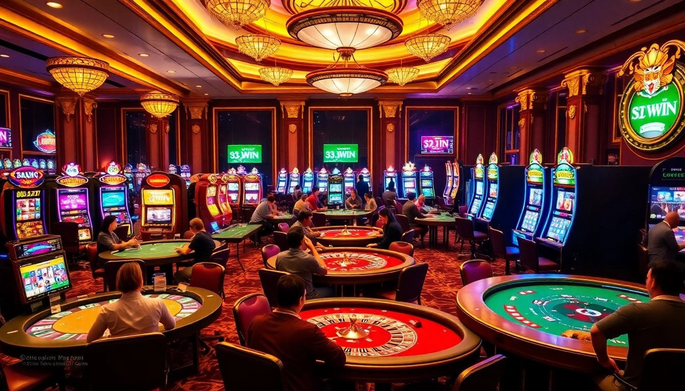 Experience the excitement of 33WIN with players enjoying a lively casino atmosphere filled with vibrant games.