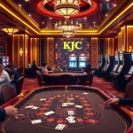 KJC casino scene featuring players at luxurious poker and roulette tables.