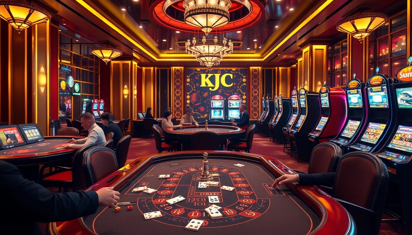 KJC casino scene featuring players at luxurious poker and roulette tables.