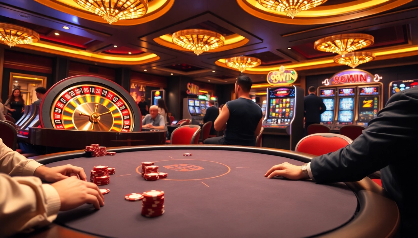 Players experiencing thrilling action at the 98WIN casino, surrounded by poker chips and a spinning roulette wheel.