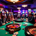 Players enjoying a thrilling game at a W88 casino table with vibrant slot machines in the background.