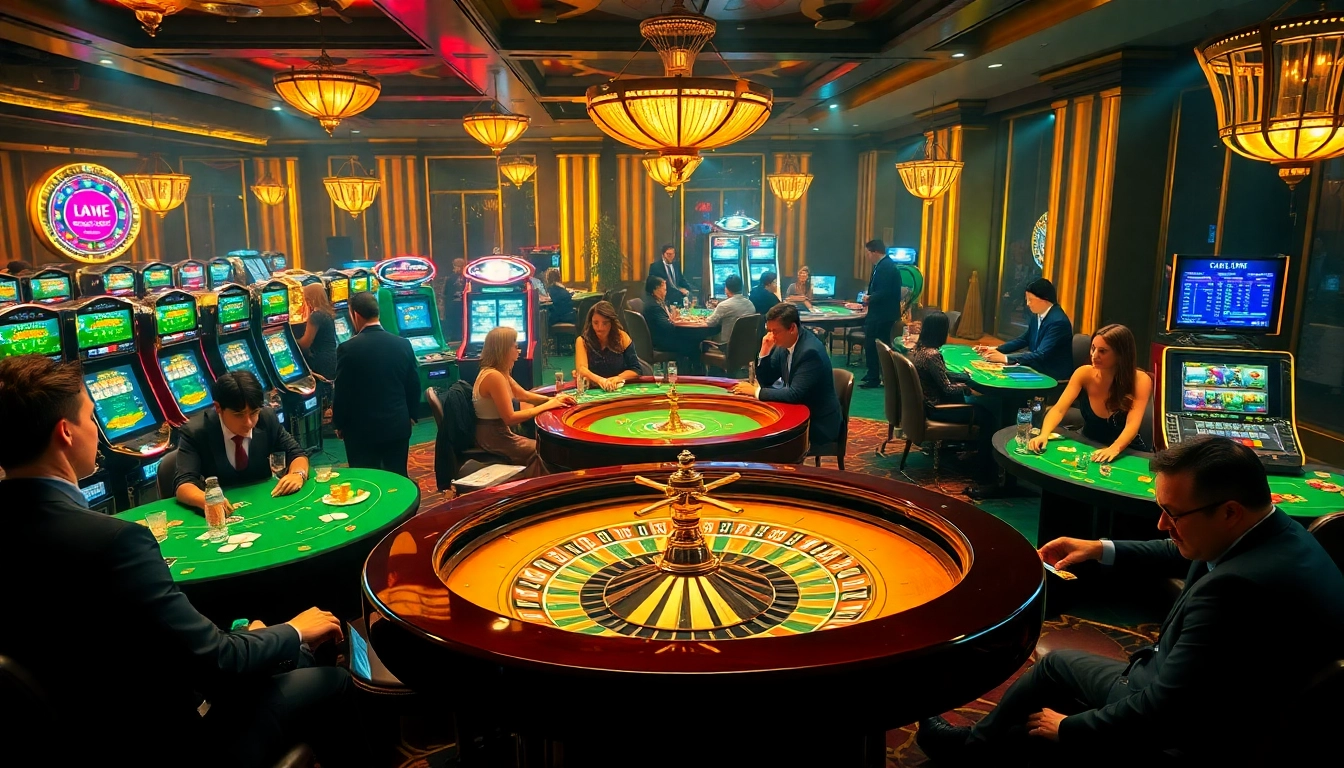 Experience thrilling casino action with lively gamblers at https://luongsontv23.com/, showcasing poker and vibrant roulette tables.
