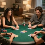 RIKBET players strategizing during a friendly poker game at home with snacks and drinks