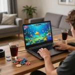 Bắn Cá Đổi Thưởng gameplay scene showcasing an engaged player in a cozy home, emphasizing immersive online gaming