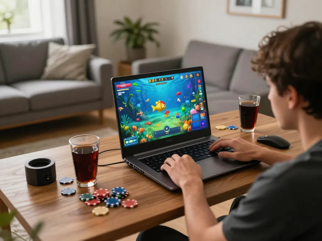 Bắn Cá Đổi Thưởng gameplay scene showcasing an engaged player in a cozy home, emphasizing immersive online gaming