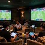 Engaged bettors analyzing odds in stylish TG88 sports betting lounge with live games