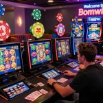 Bomwin online casino scene with players enjoying vibrant digital slot machines and live dealer games in an inviting atmosphere.