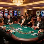 TT88 gamblers strategizing at a blackjack table with vibrant casino atmosphere and luxurious lighting.