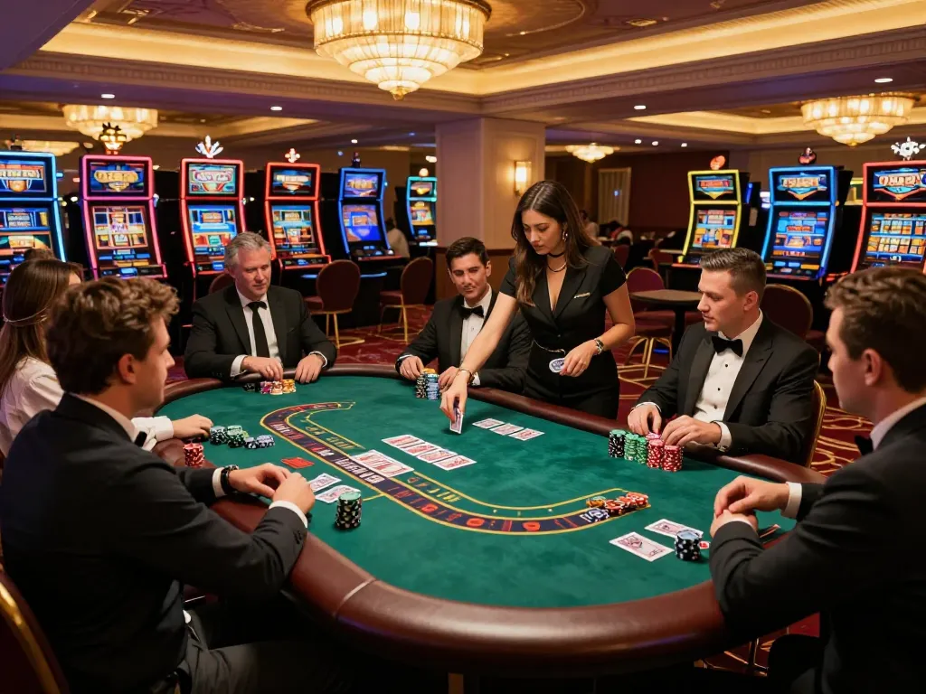 TT88 gamblers strategizing at a blackjack table with vibrant casino atmosphere and luxurious lighting.