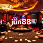Exciting scene of Jun88 casino featuring blackjack, roulette, and vibrant gaming atmosphere.