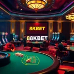 Experience the excitement of 8KBET with luxurious casino tables, poker chips, and vibrant slot machines.