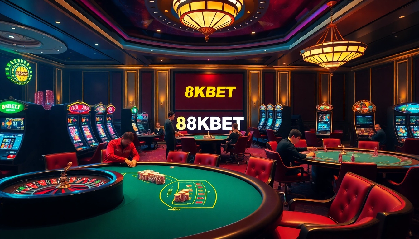 Experience the excitement of 8KBET with luxurious casino tables, poker chips, and vibrant slot machines.