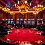 Players enjoying a thrilling poker game at Chợ Truyện-themed casino table surrounded by vibrant slot machines.