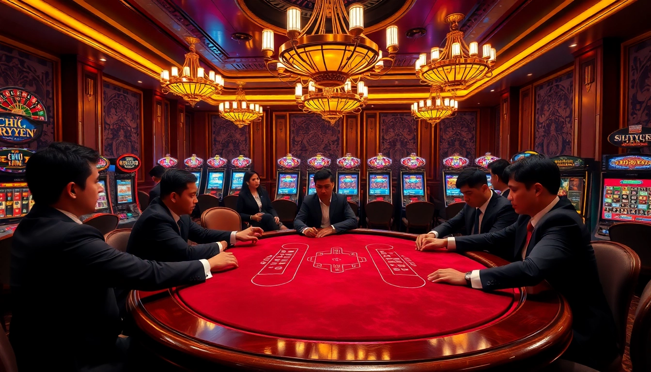 Players enjoying a thrilling poker game at Chợ Truyện-themed casino table surrounded by vibrant slot machines.