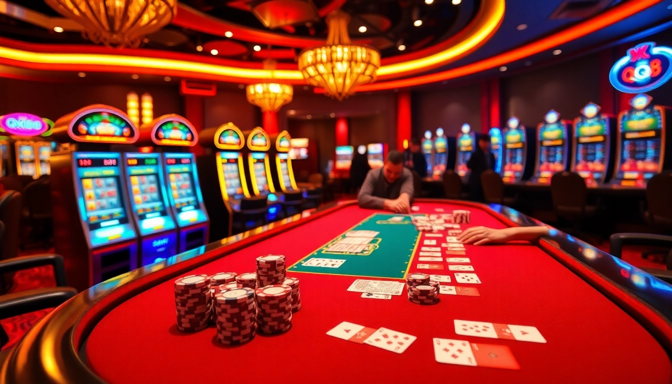 Play at the QQ88 casino table featuring vibrant poker chips and exciting slot machines.